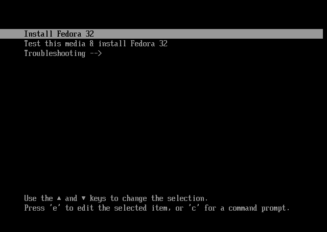 GRUB menu for Fedora 32 Installer